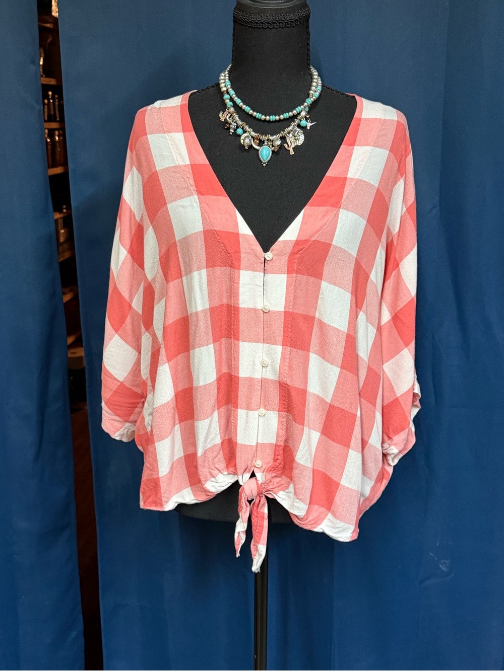 Express Womens Coral and White Gingham Button-Front Tie-Hem Top